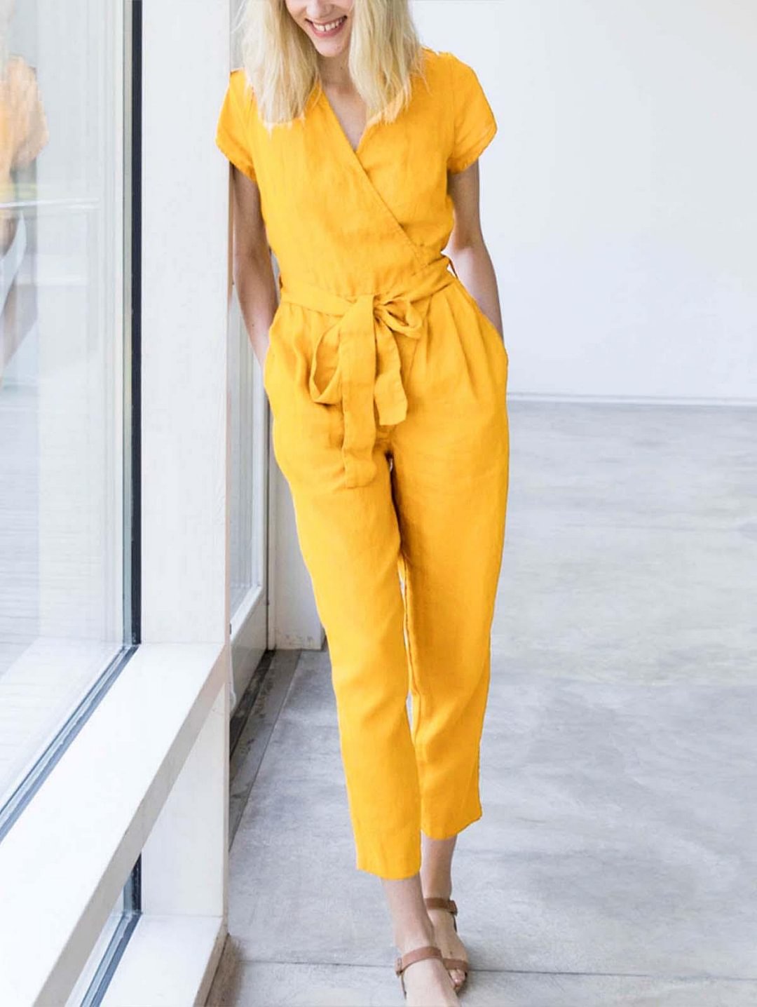 Casual Cozy Linen Wrap Jumpsuit
