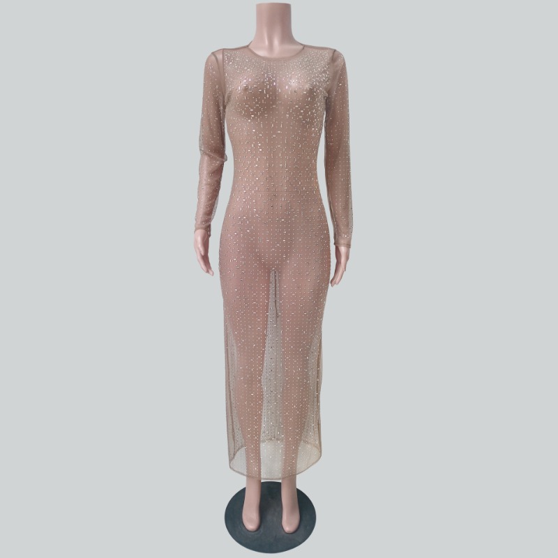 Ootddress Glitter Female Cover up Maxi Dress Mesh See-Through Split Fashion Long Sleeve Slim Sexy Beach Cover up Dress For Women New