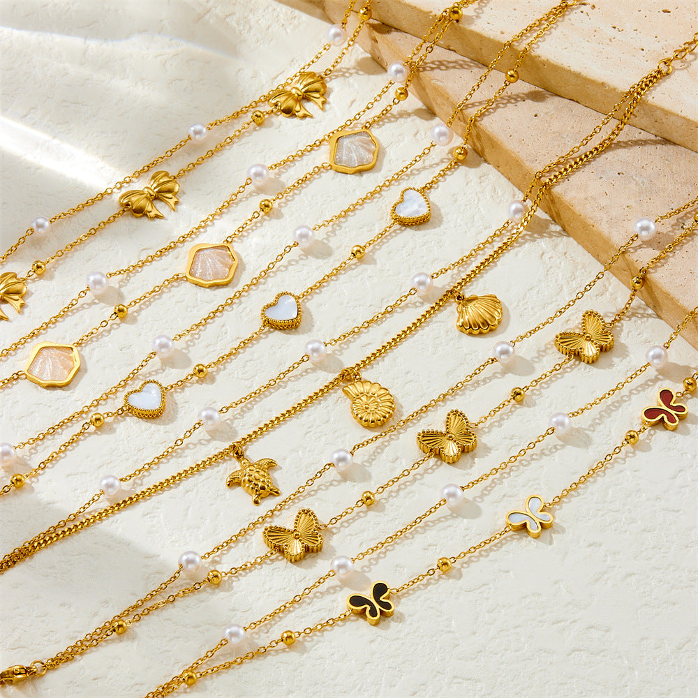 Fashionable And Simple Colorful Fine Glitter Shell Butterfly Double Layered Beach Style Stainless Steel Chain Pearl Starfish Anklet