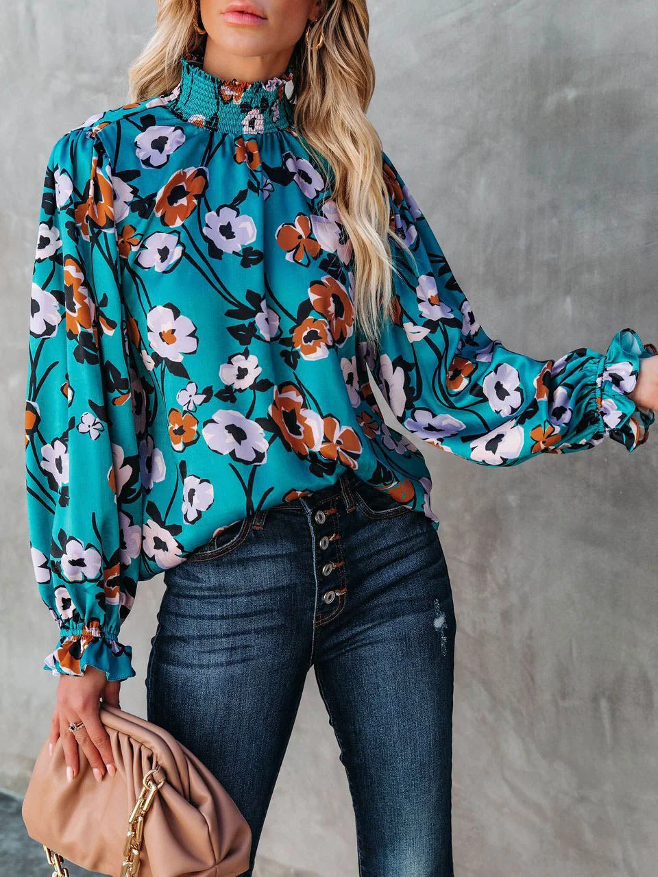 Turtle Neck Casual Long Sleeve Floral Blouse