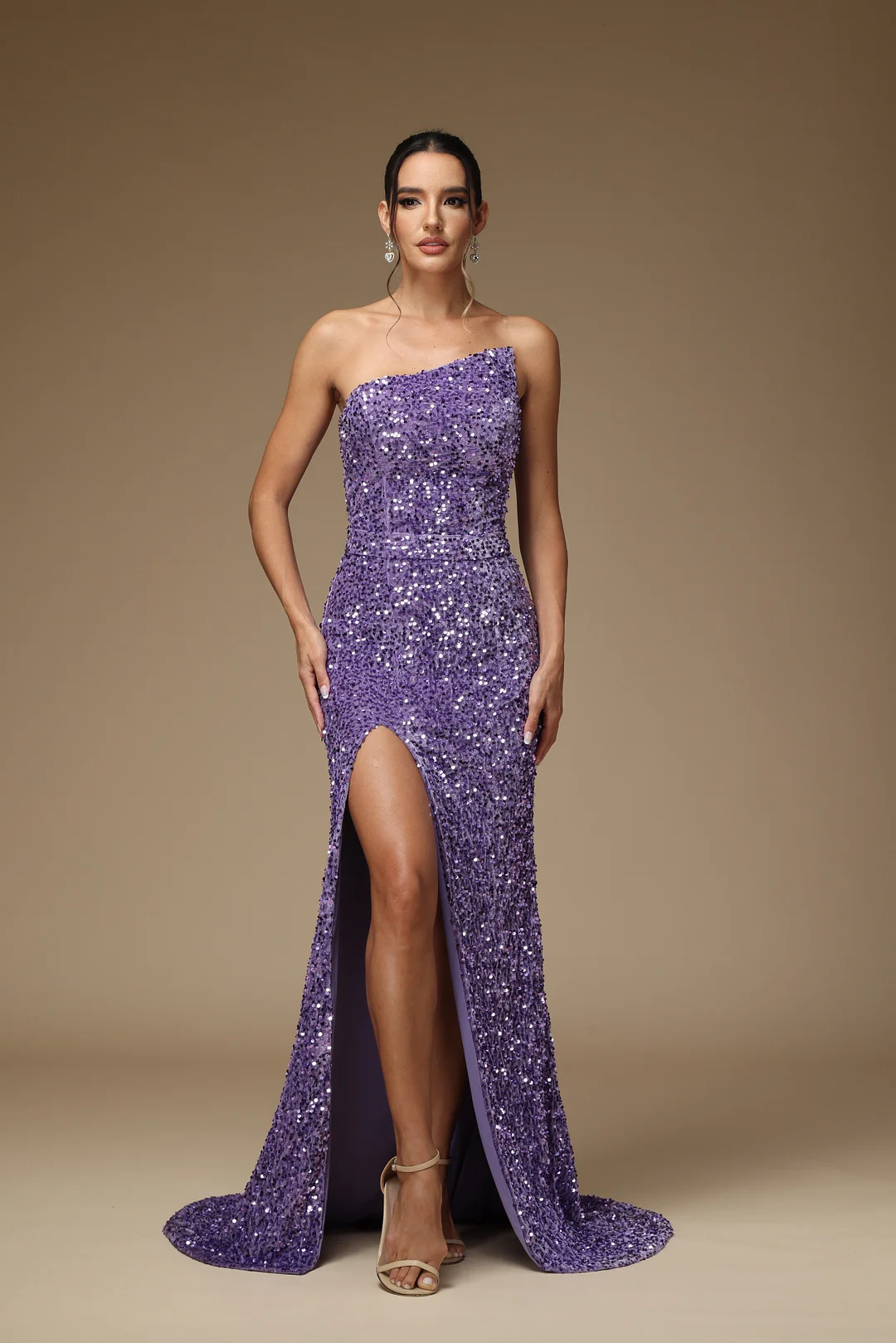Okdais Sleeveless Prom Dress Sequins Purple With High Slit Asymmetric YX0039