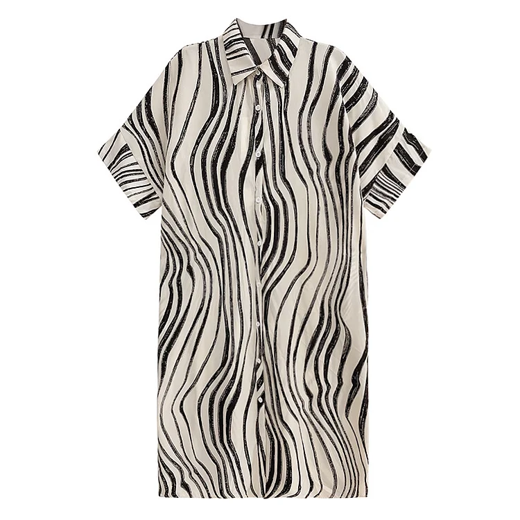 Vintage Zebra Striped Short Sleeve Lapel Midi Dress - yankia