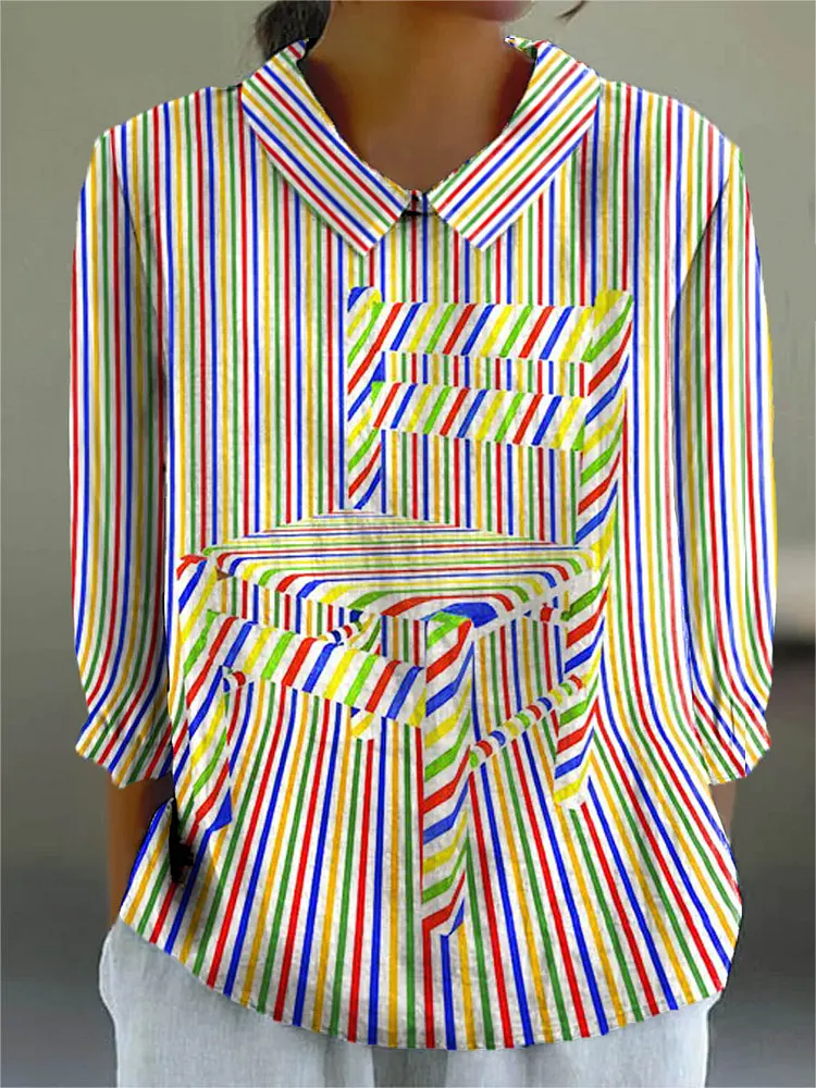 Women's Abstract Geometric Line Pattern Art Print Casual Cotton And Linen 3/4 Sleeve Shirt