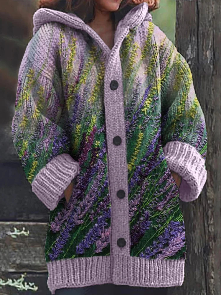 VChics Lavender Embroidery Cozy Knit Hooded Cardigan