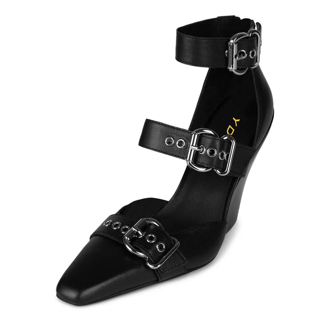 Vegan Leather Square Toe Grommets Strap Black High Heels with Buckle