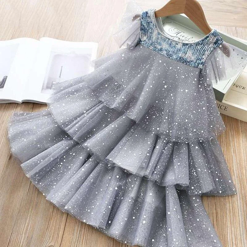 Lace Princess Dress For Girls Summer Short Sleeve Ruffle Dresses Up Kids Children Star Sequin Tulle Layers Wedding Party Costume