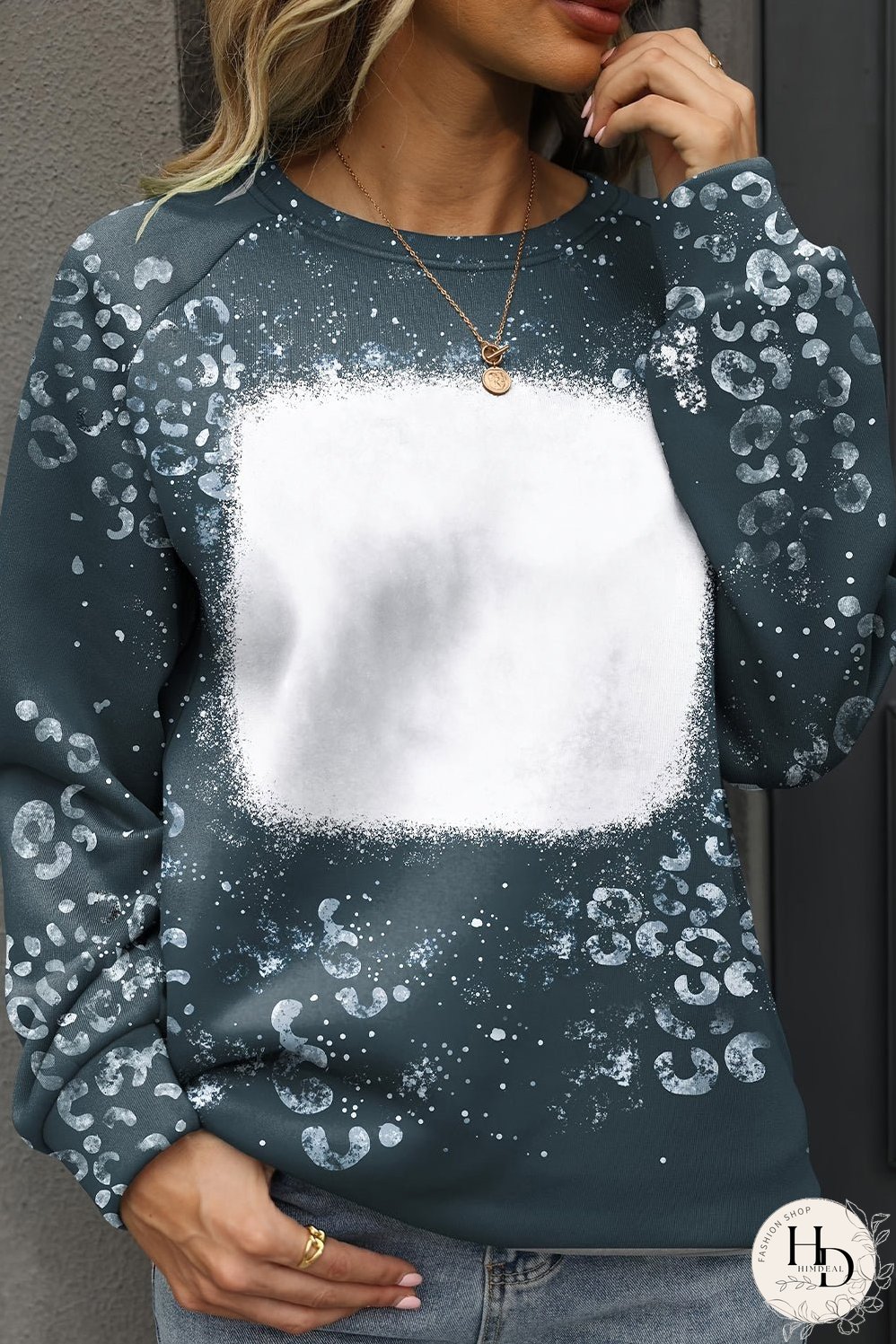 Blue Leopard Bleached Raglan Sleeve Crewneck Sweatshirt