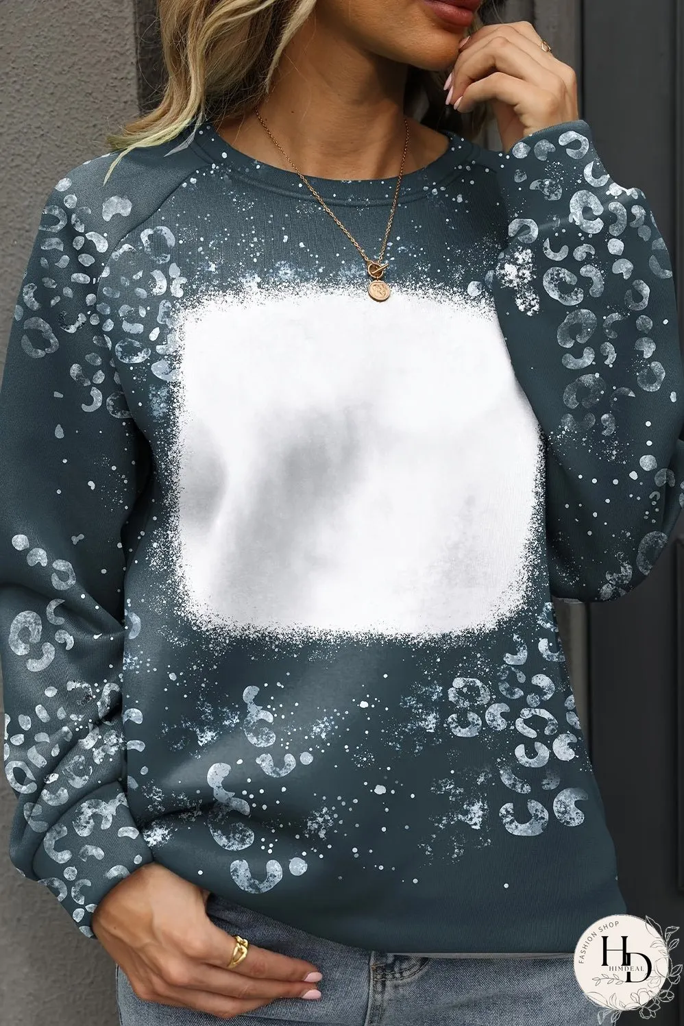 Blue Leopard Bleached Raglan Sleeve Crewneck Sweatshirt
