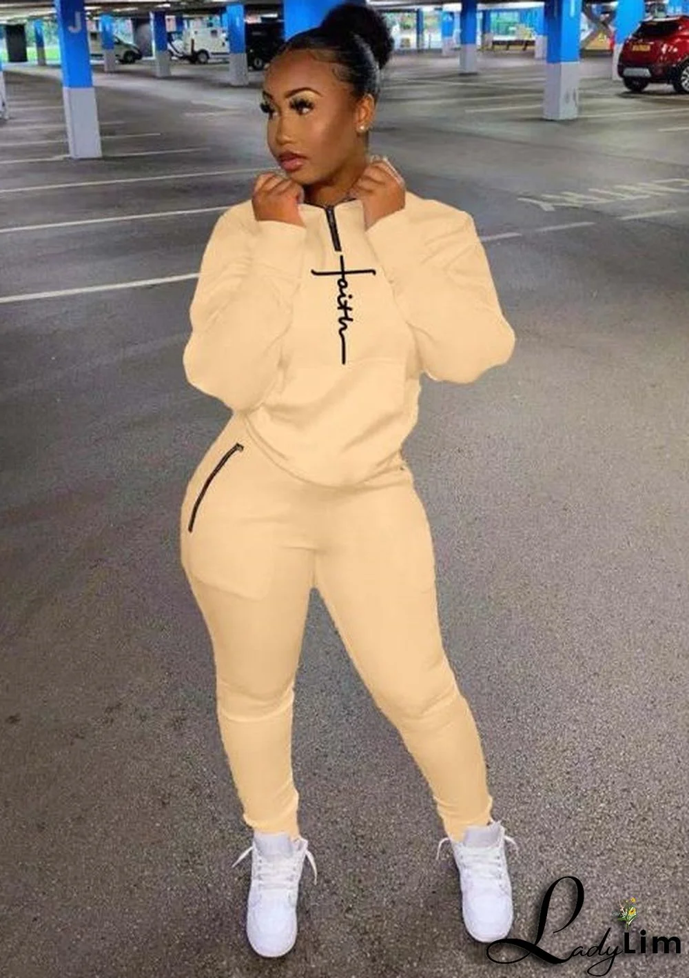 Winter Sportswear Vendors Khaki Zipper High Neck Pocket Pullover and Pants Two Piece Sweatsuits Set