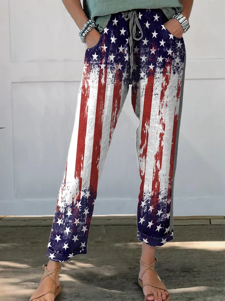 Women's Independence Day Flag Painted Element Print Cotton And Linen Casual Pants