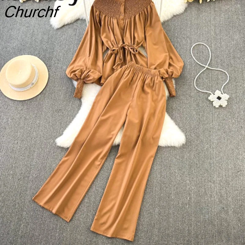 Churchf Casual Fashion Two Piece Suits Long Sleeve Button Shirt Top+High Waist Wide Leg Long Pants Solid Autumn Sets