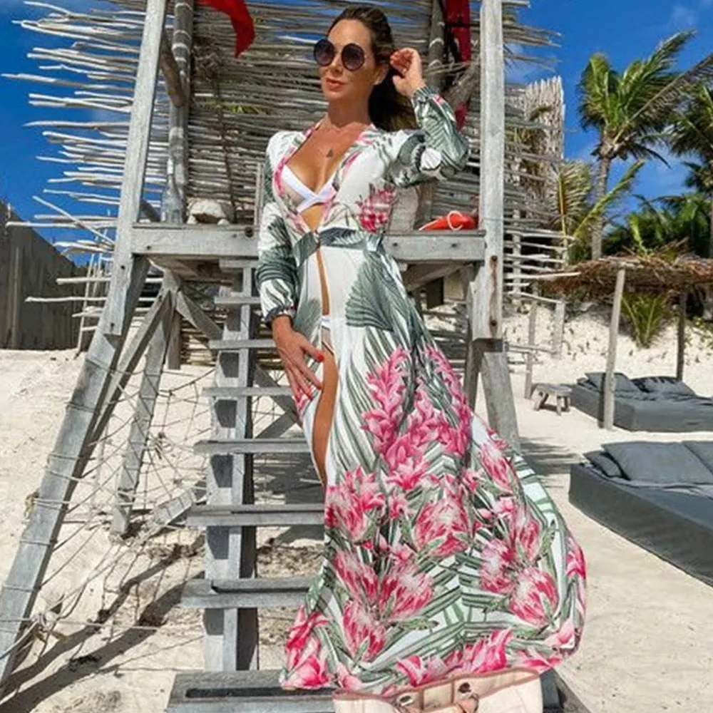 2021 Beach Dress Summer Floral Swimsuit Print Belt Bathing Suit Women Long Cover Up Off Shoulder Beachwear Bandeau Halt Swimsuit