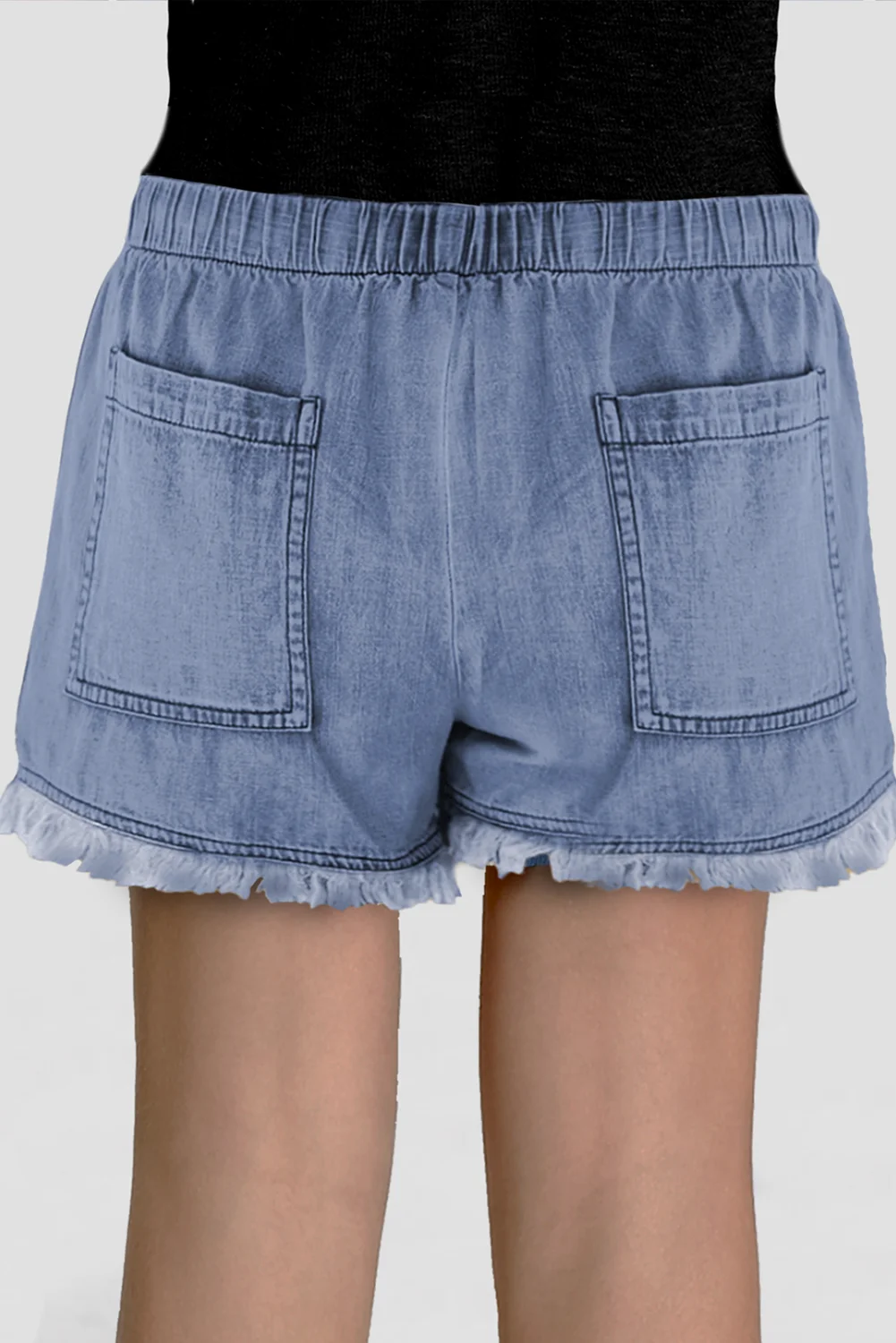 Light Blue Mid Rise Pockted Raw Hem Little Girl Denim Shorts | IFYHOME