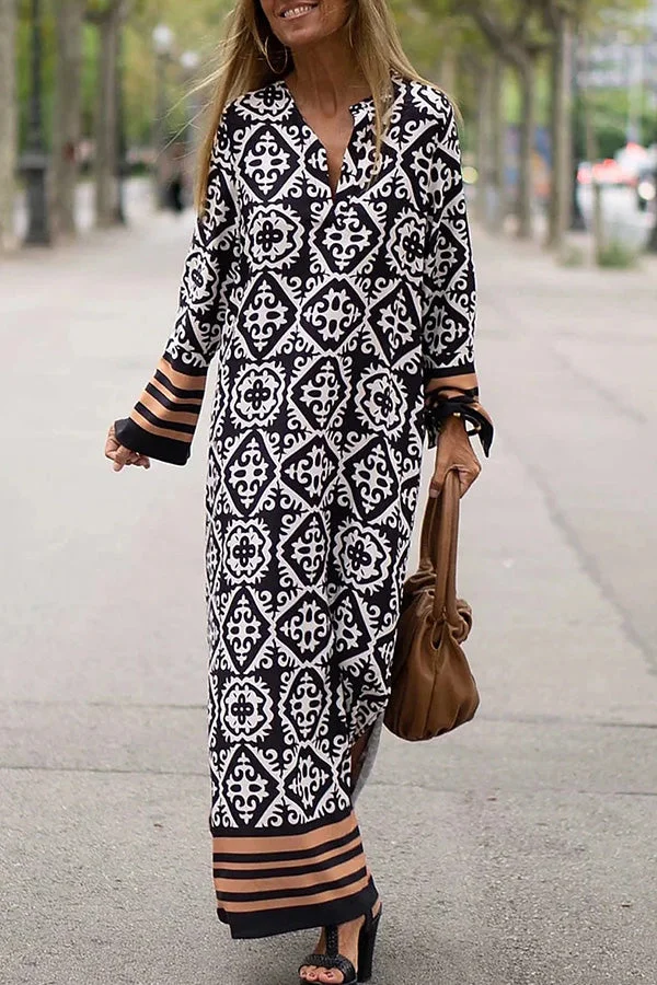 Basically Perfect Geometry Printed Long Sleeve Casual Maxi Dress