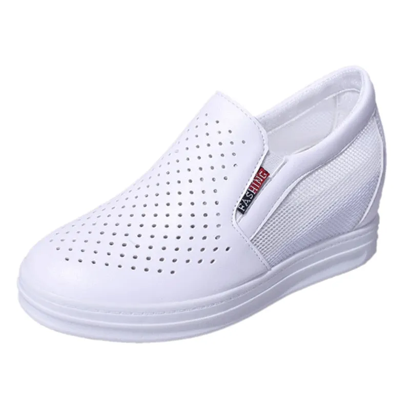 Lucyever New Women's Casual Flats Female Height Increasing Breathable Cut Out Leather Shoes Woman Hidden Wedges Summer Sneaker
