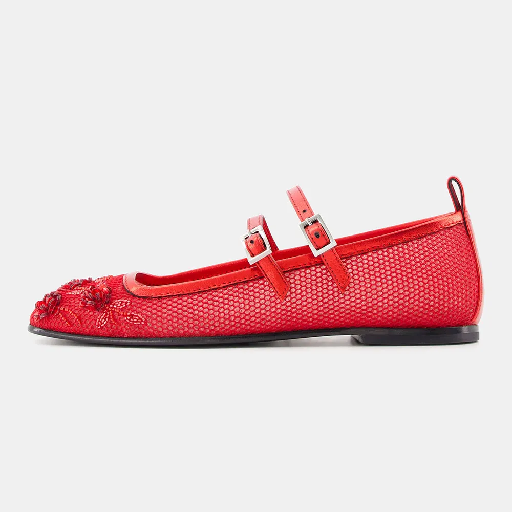 Red Mesh Floral Beads & Sequins Embellished Closed Toe Mary Jane Flats