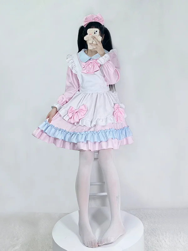 Lolita Color-block Long Sleeve Tiered Bowknot Peter Pan Collar Ruffled Mini Maid Dress 