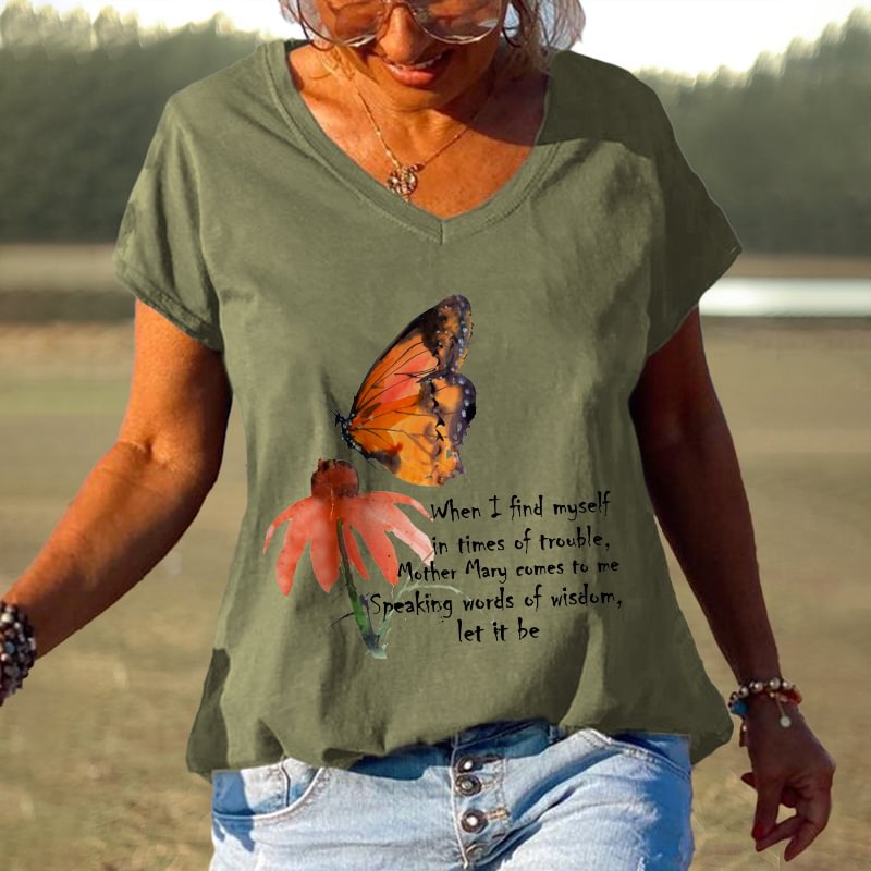 When I Find Myself In Times Of Trouble Print Butterfly Pattern Hippie Tees