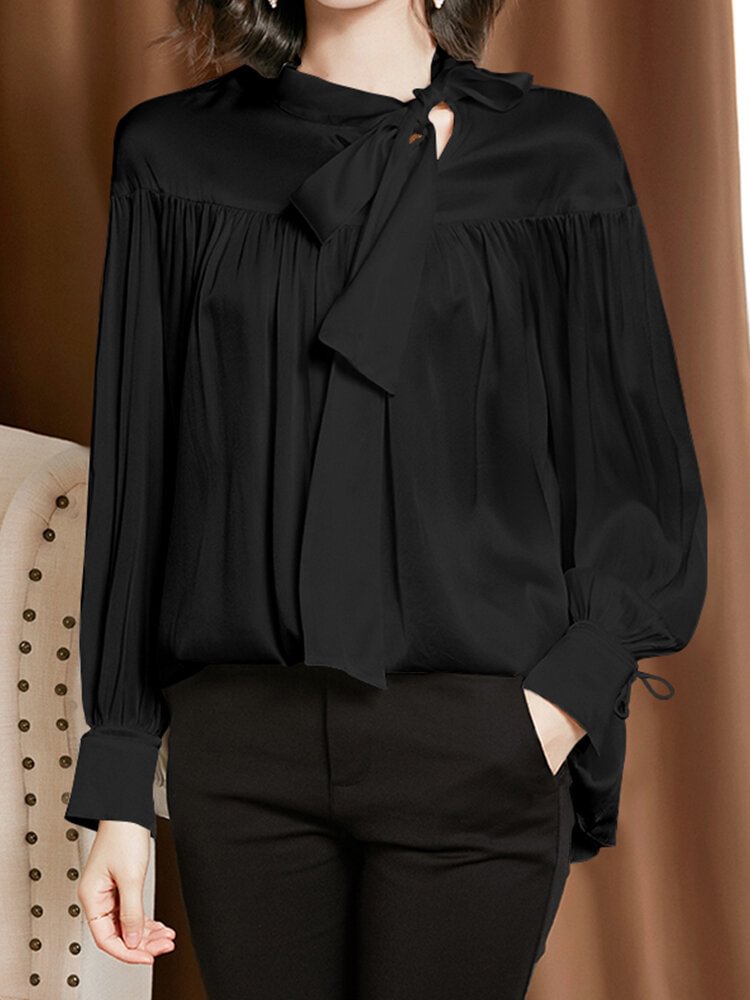 Solid Color Overhead Bowknot Lace Long Sleeve Blouse P1718499