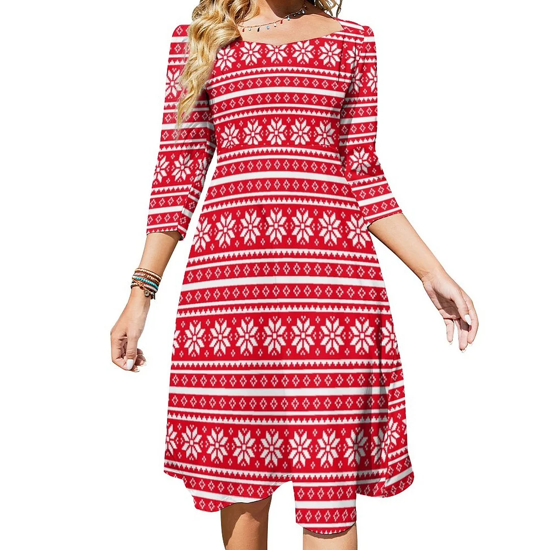 Funny Red Ugly Christmas Sweater Pattern Dress Sweetheart Tie Back Flared 3/4 Sleeve Midi Dresses