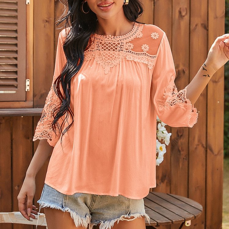 Summer new lace lace stitching mid-sleeve shirt women's solid color socialshop