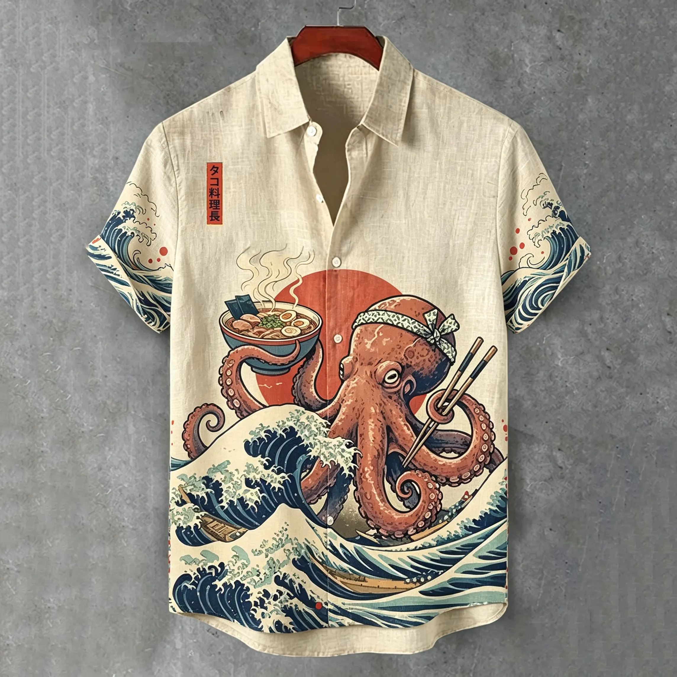 Men's Retro Octopus Ramen Wave Design Cotton Linen Short-sleeve Shirt  artssus