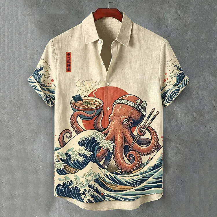 Men's Retro Octopus Ramen Wave Design Linen Short-sleeve Shirt