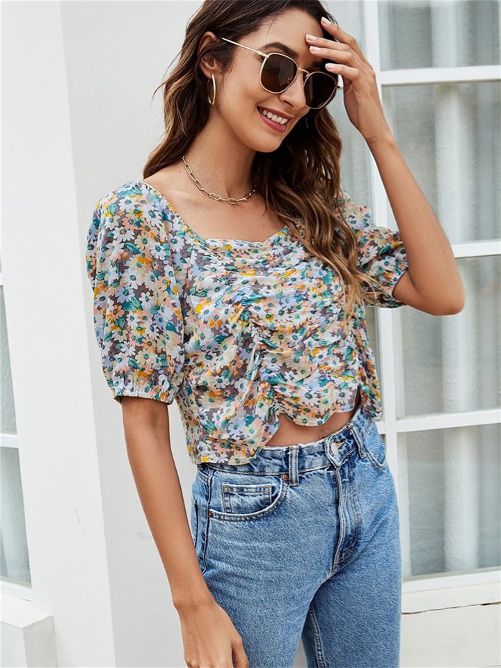Summer New Square Neck Pullover Head Five-point Sleeve Sleeve Tops Casual Print Short Paragraph Open Neck Tops Draw Pleated T-shirt -vasmok