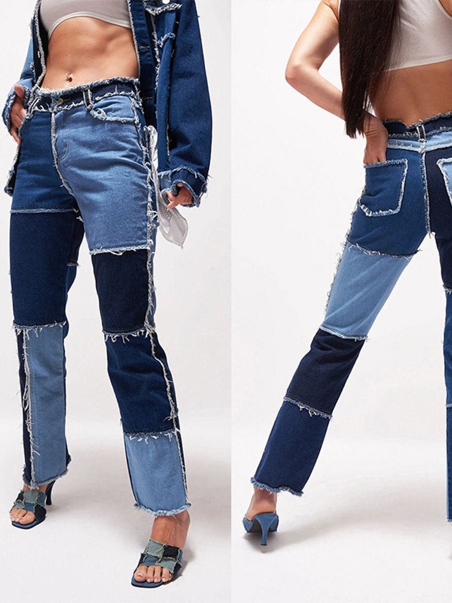 Trendy Variegated Stitching High-rise Straight-leg Jeans