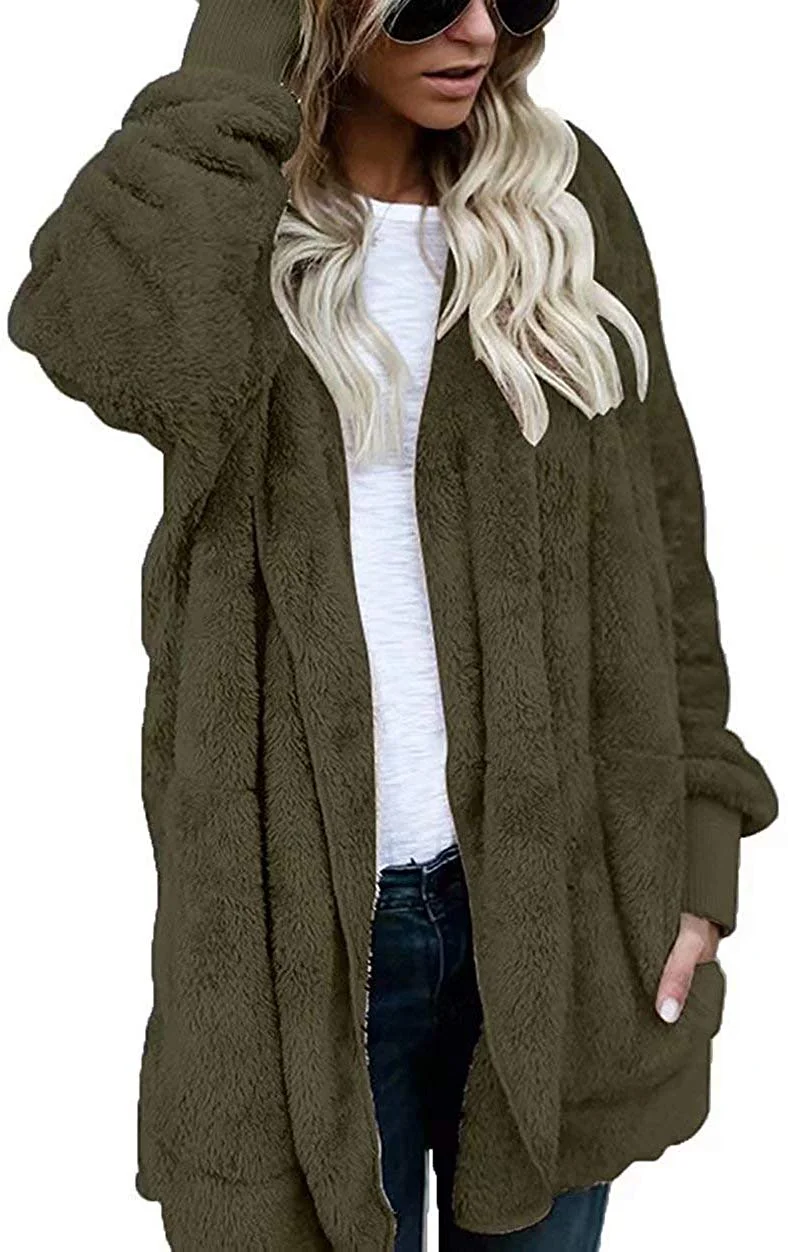 Women Hooded Cardigan Fluffy Fleece Coat Open Front Jacket Outwear Pockets
