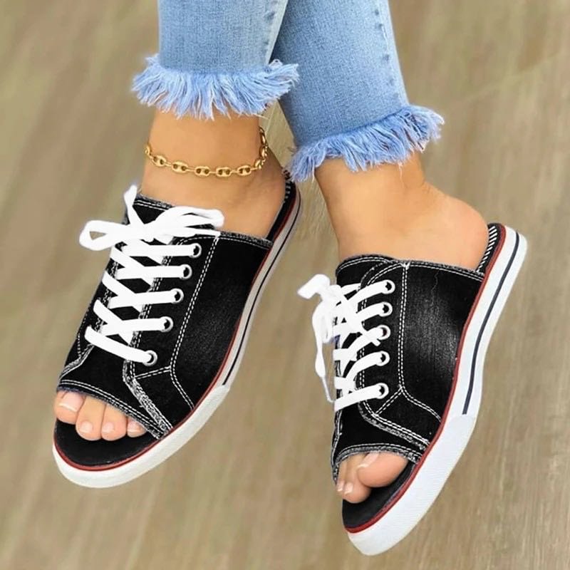 2022 Fashion Women Canvas Sandals Breathable Summer Slippers Lace Up Open Toe Ladies Faux Denim Flat Shoes Zapatos Mujer