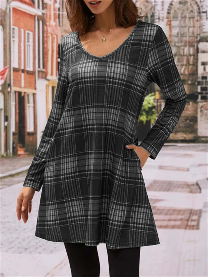 Fall and Winter New Comfortable Casual Plaid Pockets V-neck Long-sleeved Temperament Commuter Dresses for Women-Cosfine