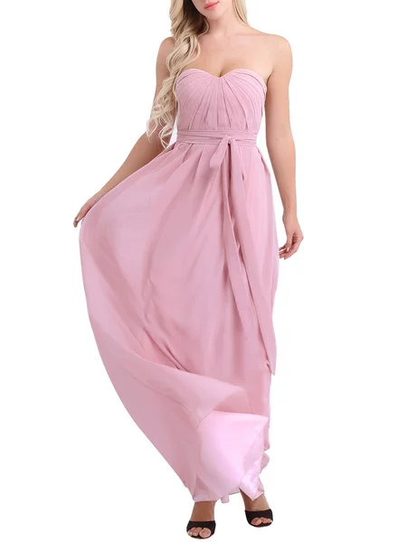Women Ladies Strapless Pleated Chiffon Elegant Long Bridesmaid Dress Evening Party Prom Gown