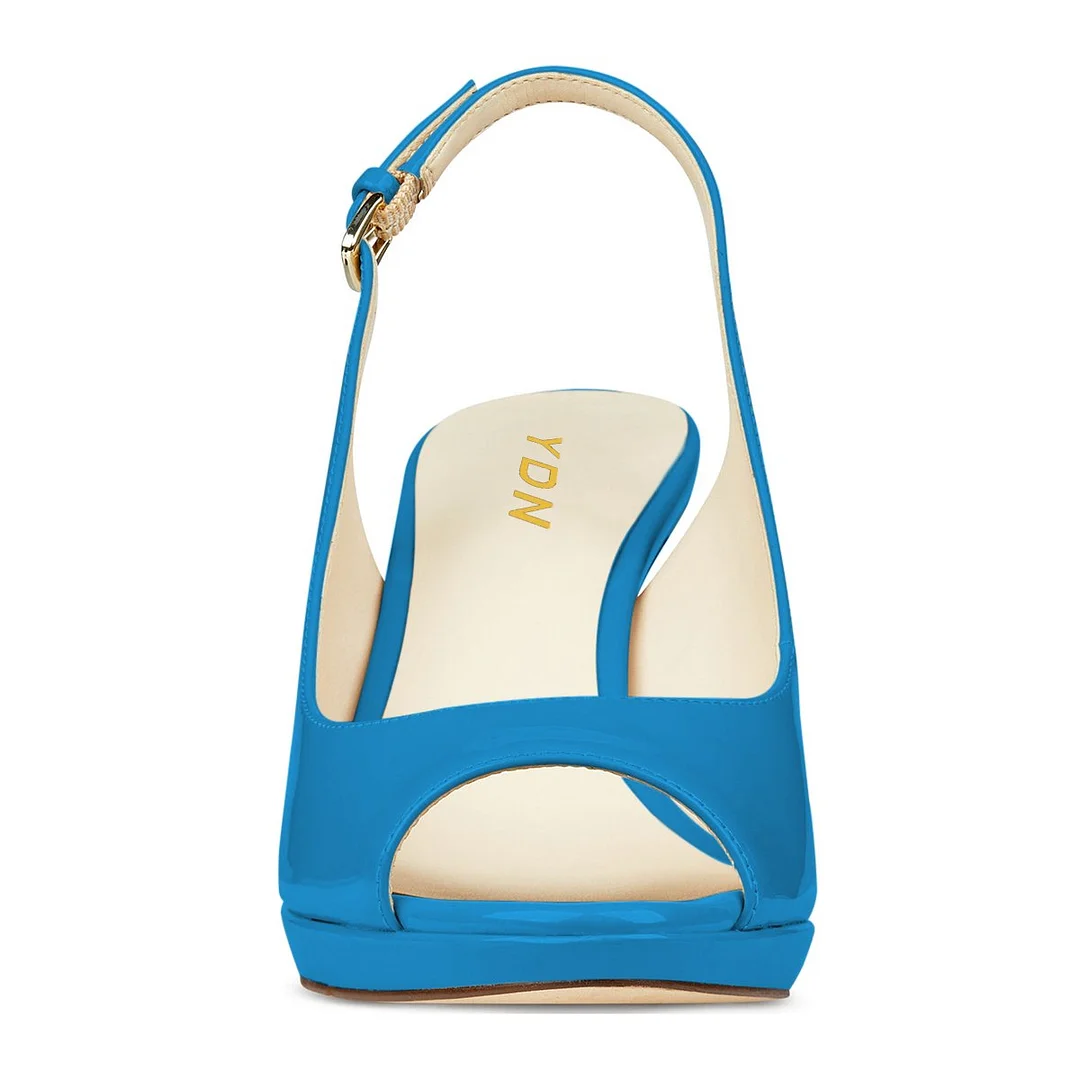 Blue Patent Leather Peep Toe Platform Buckle Slingback Sandals