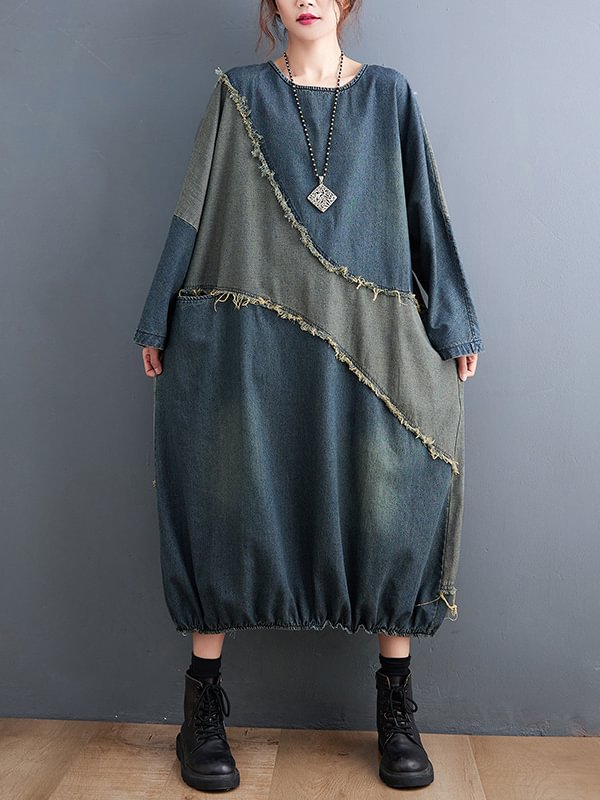 Original Loose Denim Contrast Color Round-Neck Long Sleeves Midi Dress