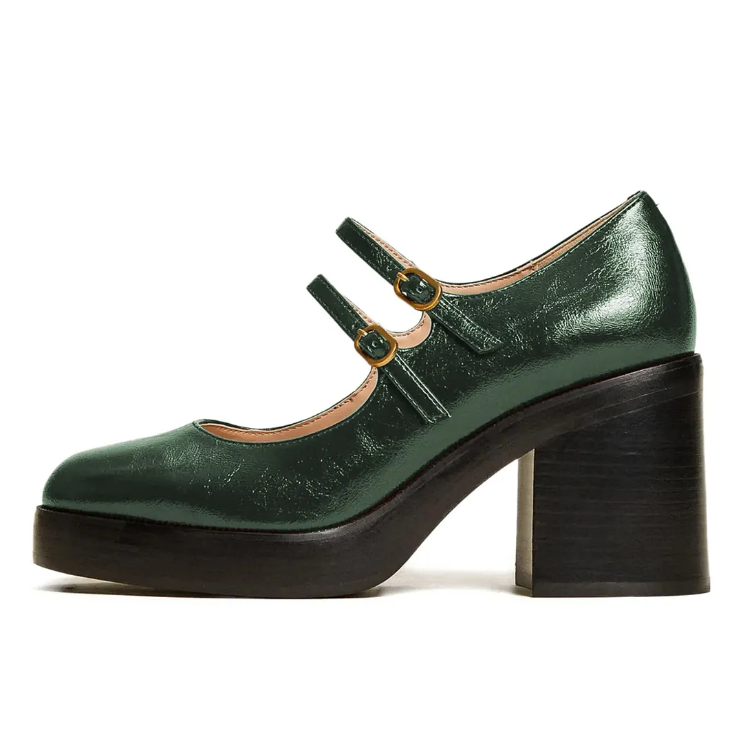 Green Round Toe Platform Double Strap Mary Jane Heels with Buckle