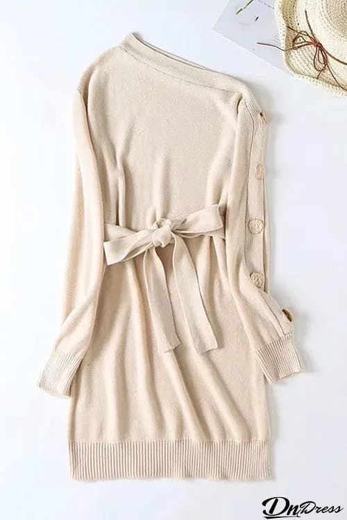 Button Dew Shoulder Sweater Dress