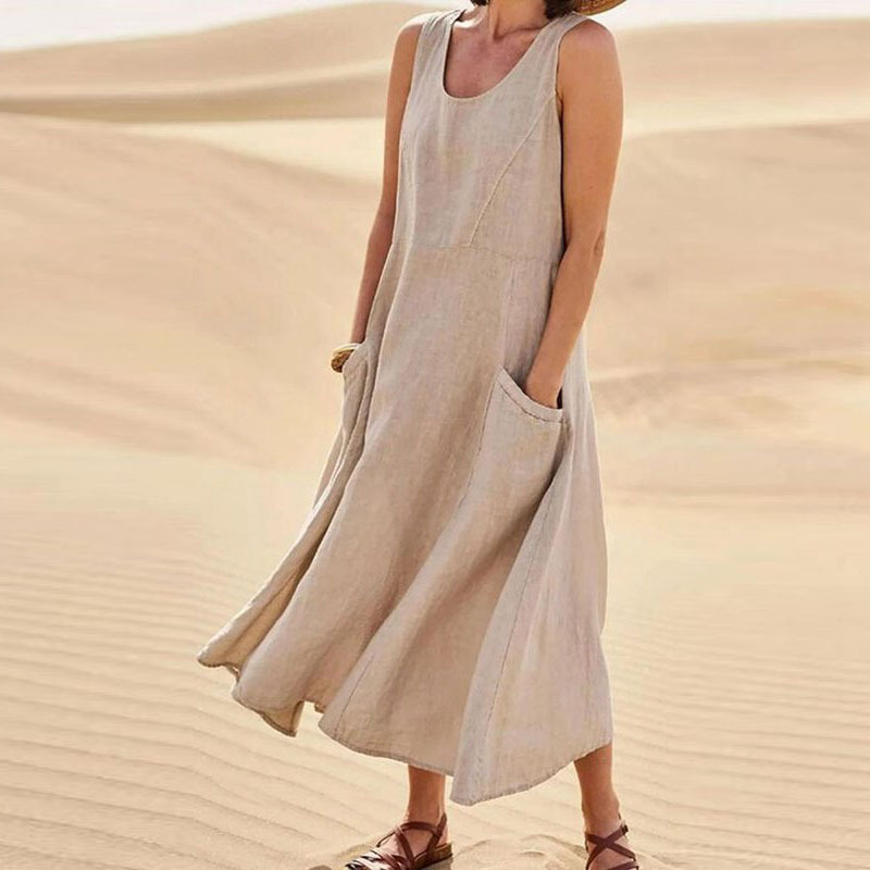 Mature Women Summer Sleeveless Long Dress With Pockets Fashion Casual Loose Dresses