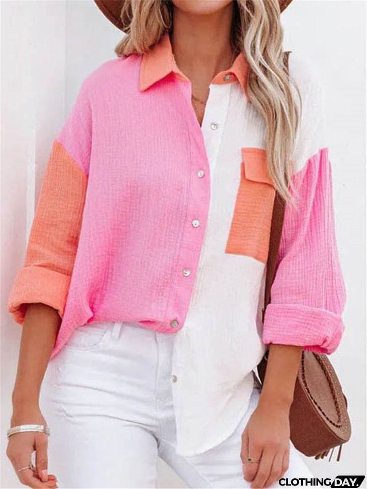 Women Lapel Buttons Long Sleeve Blouses With Pocket