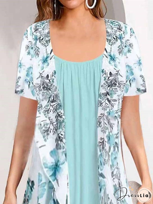 Two-piece dress set casual chiffon daily holiday fashion modern print midi crew neck short