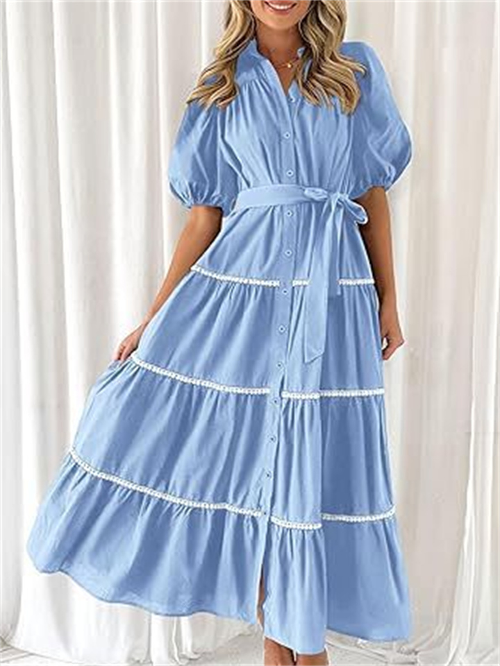 Summer Women's Bubble Sleeve Lace Layered Pleated Short Sleeve Shirt Tie Midi Dresses