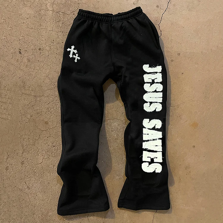 VChics Vintage Jesus Saves Print Casual Flared Sweatpants