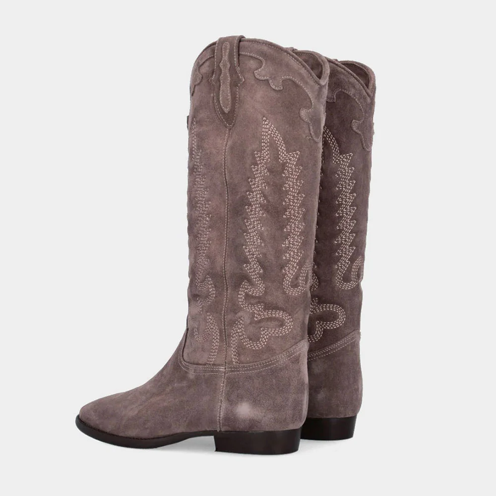 Taupe Closed Round Toe Pull Tab Western Boots with Embroidered