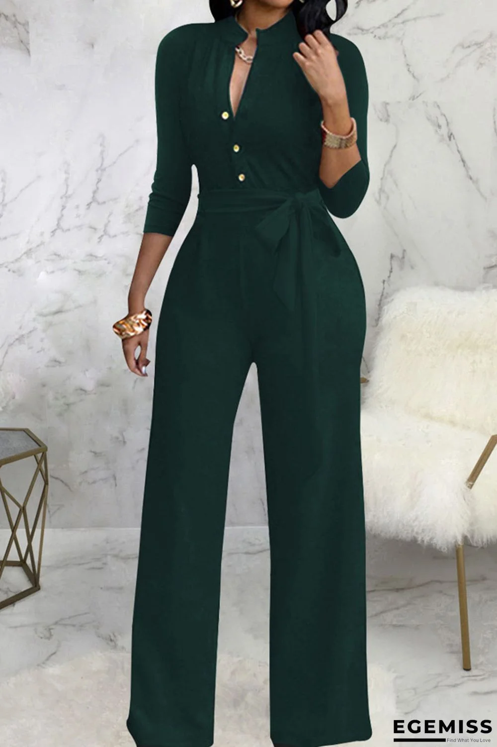 Dark Green Casual Solid Bandage Patchwork Buckle Mandarin Collar Straight Jumpsuits | EGEMISS