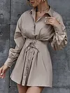 Urban Solid Color Bandage Lapel Collar Long Sleeves Mini Dress