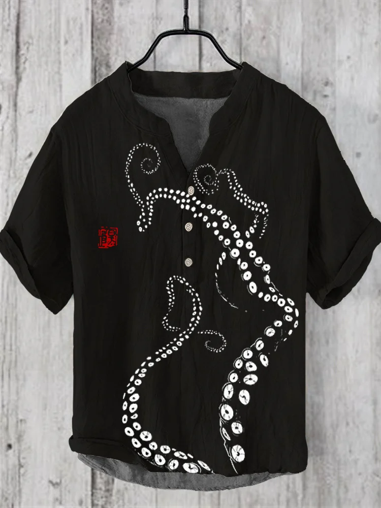 Black and White Tentacle Japanese Pattern Linen V-Neck Shirt