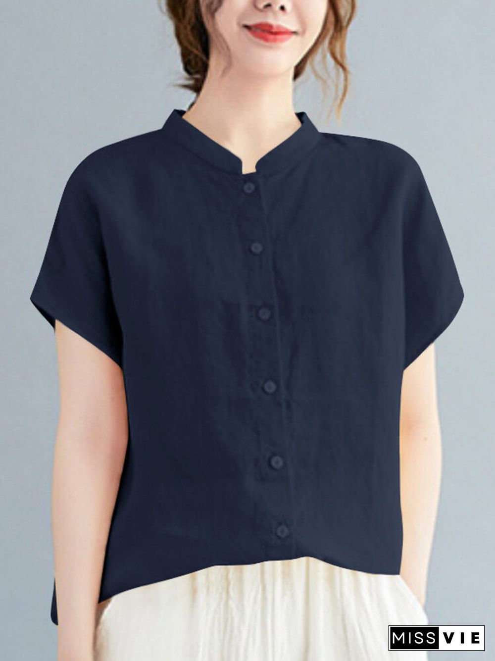 Cotton Solid Button Stand Collar Short Sleeve Casual Blouse