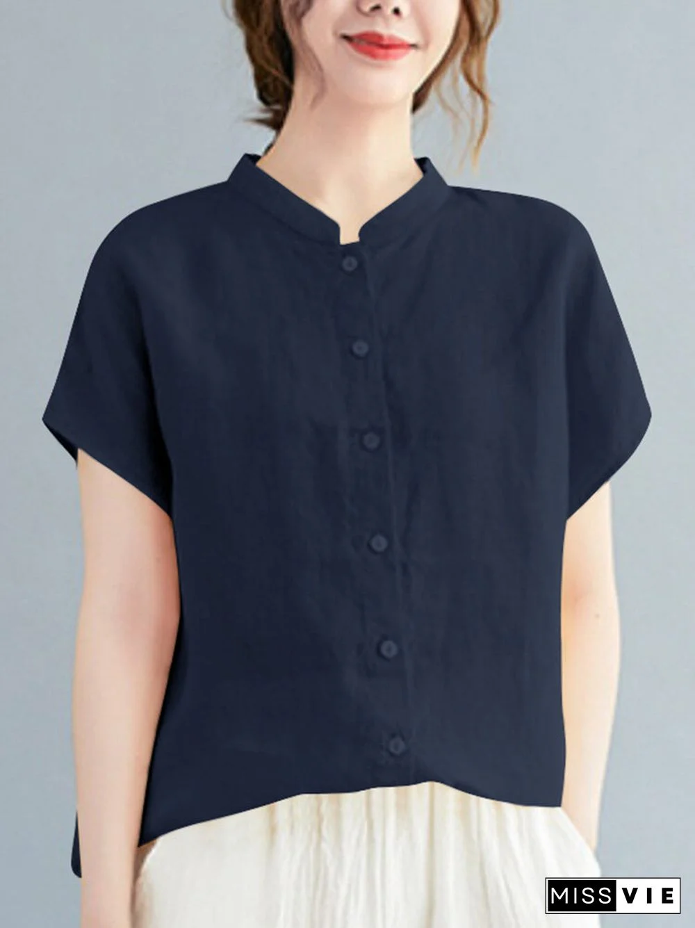 Cotton Solid Button Stand Collar Short Sleeve Casual Blouse