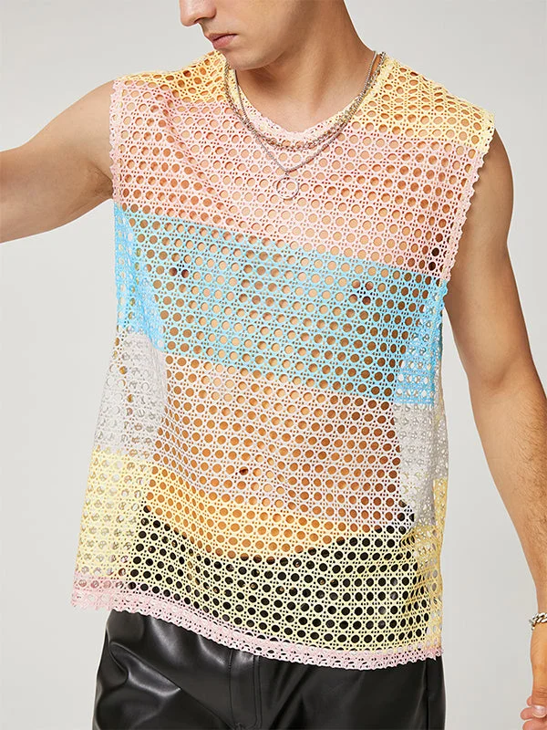 Aonga - Mens Mesh Fishnet See-Through Color Block Tank