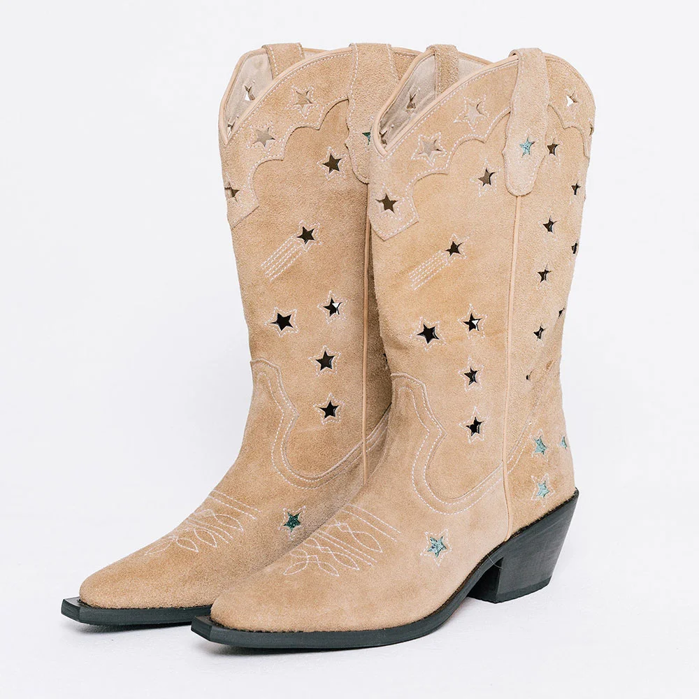 Nude Snip Toe Star Cut-Out Chunky Heel Wide Calf Cowgirl Boots